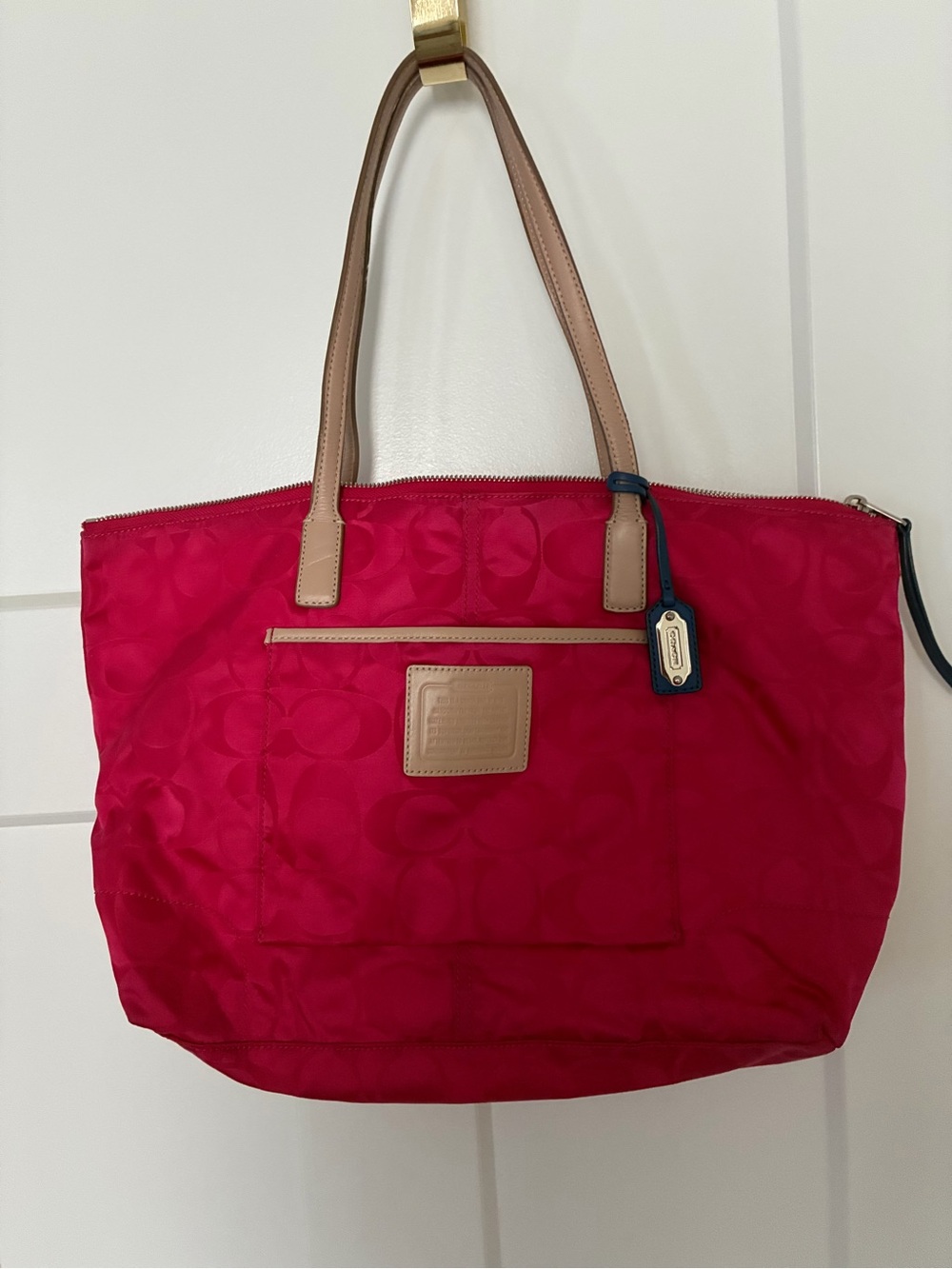 Coach Hot Pink Nylon Tote with Tan Leather Handles